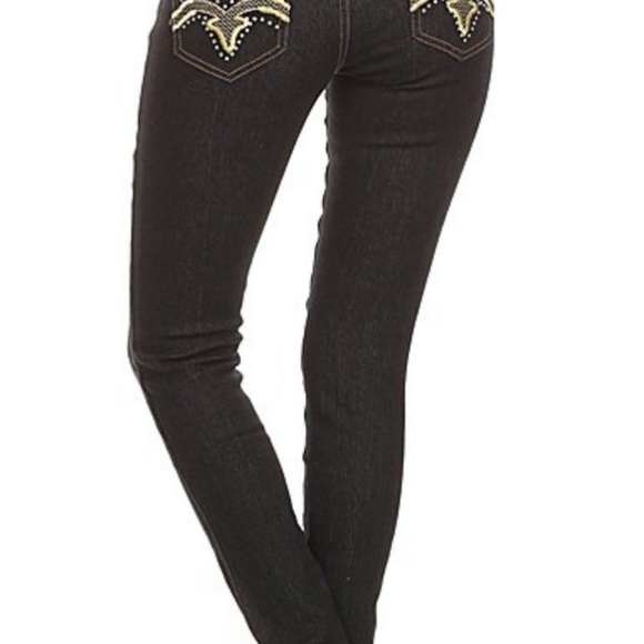 Black and Gold Distressed Skinny Jeans - Picture 2 of 2